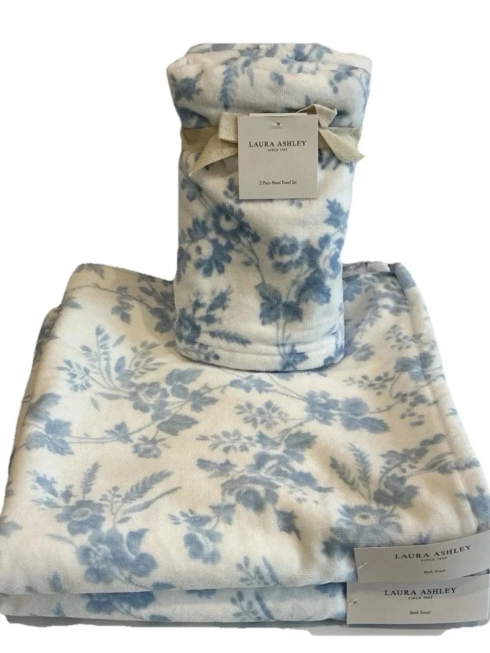 Laura Ashley 4 Pc Set FLORAL TOILE Blue Velour Bath & Hand Towels Set Cottage